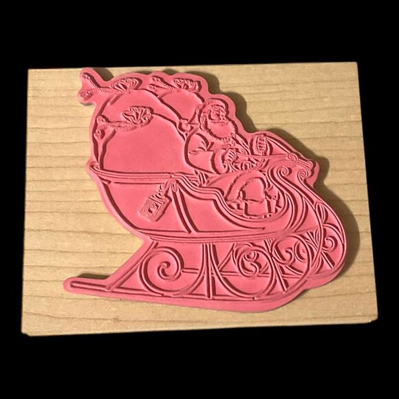 Stampabilities Santa in Sleigh Large Wood Mount Rubber Stamp Christmas NEW - Picture 2 of 10